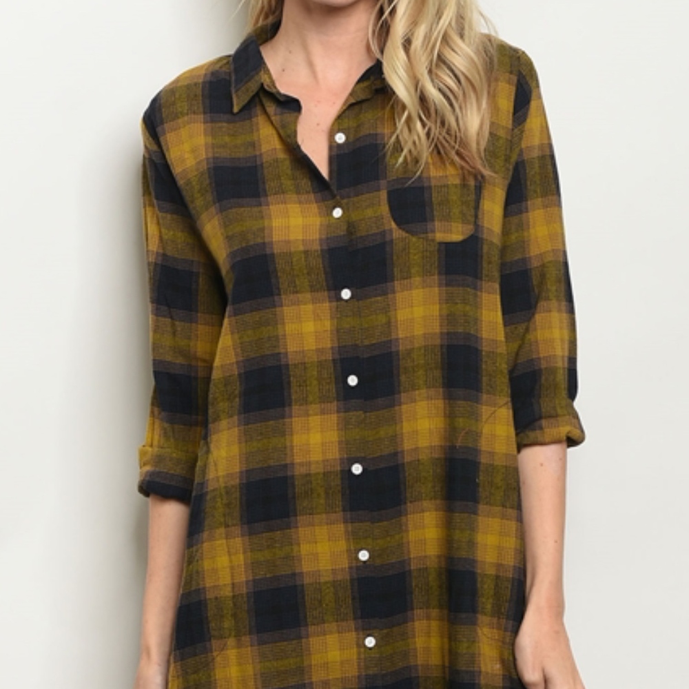 LAST size L!  NAVY MUSTARD BUTTON DOWN DRESS - Picture 2 of 5